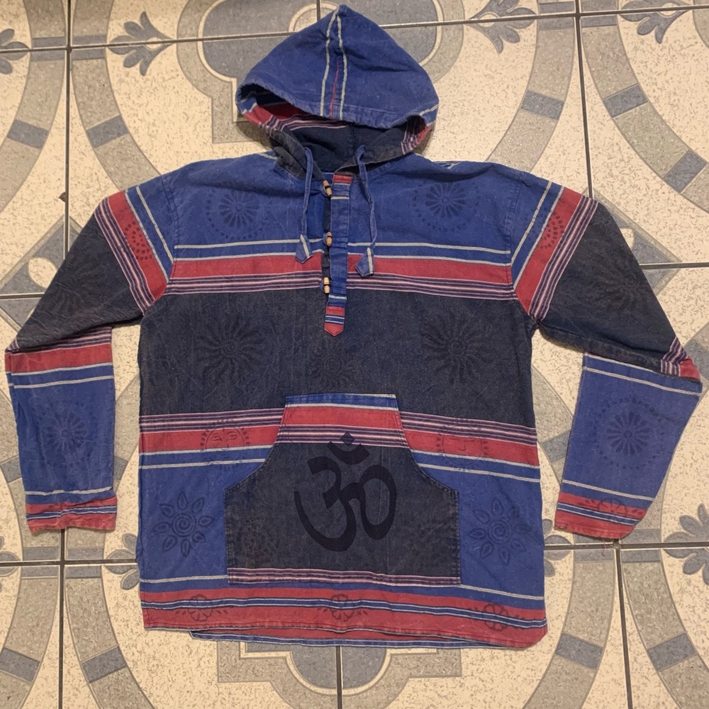 Vintage Woven Cotton Striped Buddhist Hoodie Sz XL